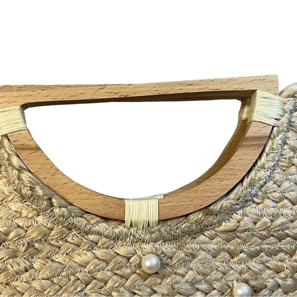 SHIRALEAH Chicago 100% Jute Wood Handles Pearl Accent Dominica Mini Tote
